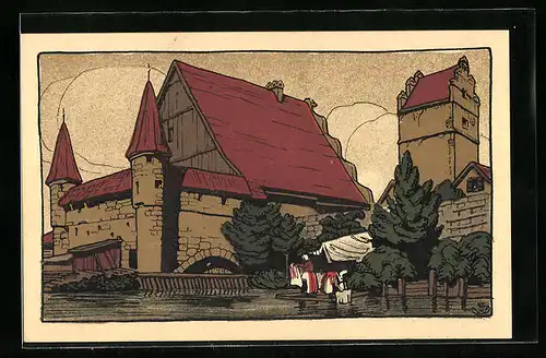 Steindruck-AK Dinkelsbühl, Stadtmühle und Nördlinger-Tor