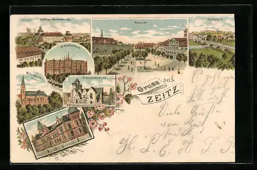 Lithographie Zeitz, Altmarkt, Stadtschule, Aubrücke