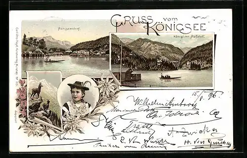 Lithographie Königsee, Ortsansicht vom See aus, Königsee Abfahrt
