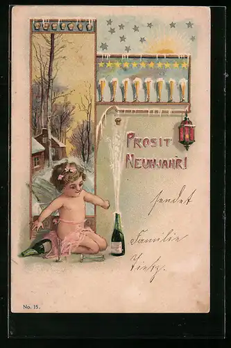 Lithographie Engelchen beim Feiern, Prosit Neujahr