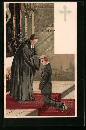 Künstler-AK Segnung eines jungen Mannes durch den Priester, Religion, Konfirmation
