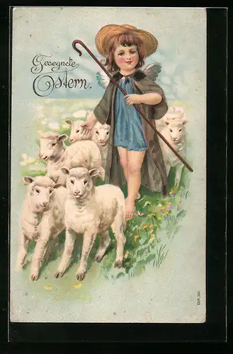 Präge-AK Osterengel mit Lämmern