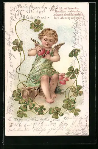 Präge-AK Engelchen mit Kleeblättern