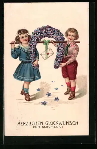 Präge-AK Kinder mit Blumen-Hufeisen zum Geburtstag