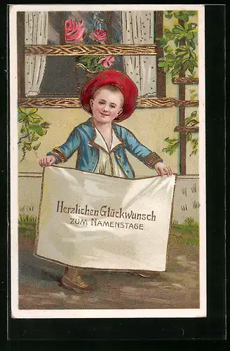 AK Glückwunsch zum Namenstag, Kind mit Glückwünschen
