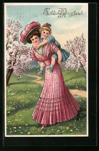 AK Fröhliche Pfingsten, Dame im Kleid mit ihrer Tochter bei den Kirschbäumen