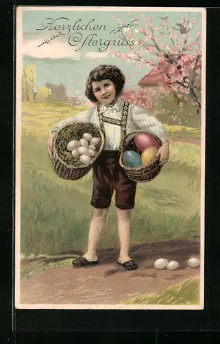 AK Fröhliche Ostern, Kind mit Osterkörben