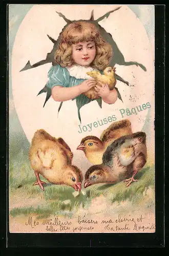 AK Mädchen mit Osterküken in Eierschale
