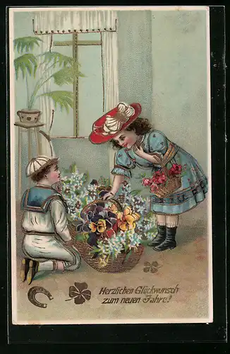AK Kinder mit Korb voller Blumen zu Neujahr