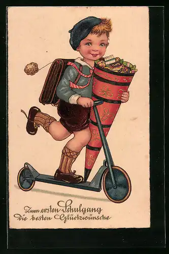 AK Junge mit Zuckertüte auf dem Roller zum Schulanfang