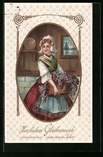 Präge-AK Junge Dame mit Korb voller Blumen zu Neujahr