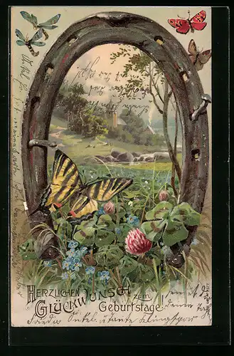 Präge-AK Hufeisen mit Kleeblatt und Schmetterling