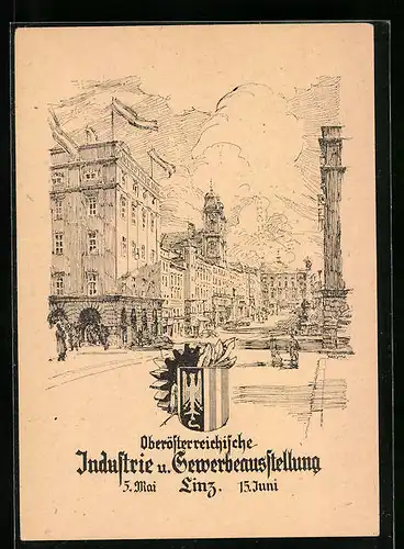 Künstler-AK Linz, Oberösterreichische Industrie- und Gewerbeausstellung 1946, Strassenansicht