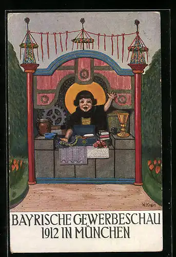 Künstler-AK München, Bayrische Gewerbeschau 1912, Münchner Kindl hinterm Verkaufsstand