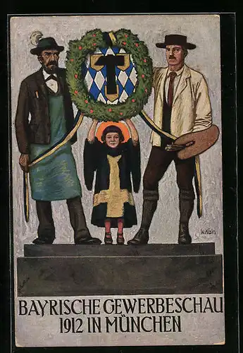 Künstler-AK München, Bayrische Gewerbeschau 1912, Münchner Kindl, Maler und Brauer
