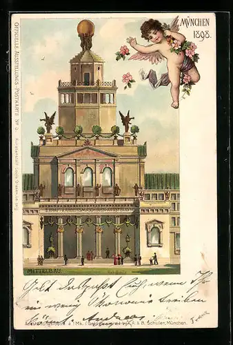 Lithographie München, II. Kraft- und Arbeitsmaschinen-Ausstellung 1898, Mittelbau, Engelchen