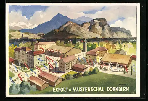 Künstler-AK Dornbirn, Export- und Musterschau 1949, Gesamtansicht