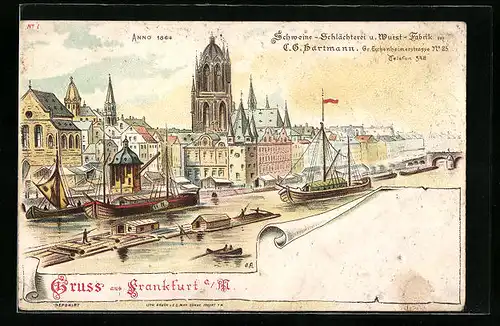 Künstler-AK Frankfurt / Main, Stadtansicht Anno 1864, Reklame für Wurstfabrik C. G. Hartmann