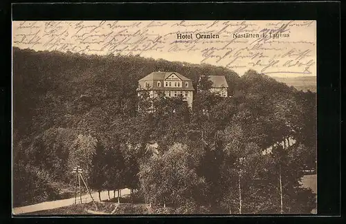 AK Nastätten /Ts., Hotel Oranien mit Strasse und Umgebung aus der Vogelschau