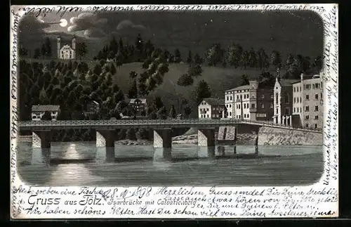 Mondschein-Lithographie Tölz, Isarbrücke mit Calvarienberg