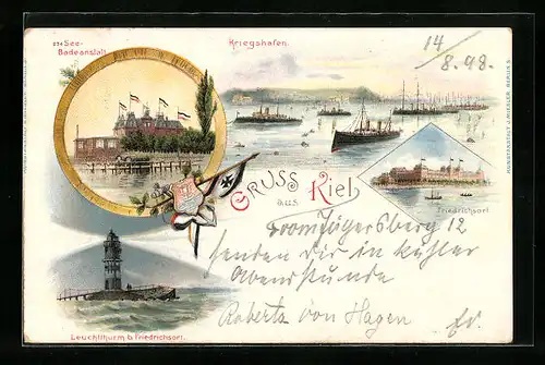 Lithographie Kiel, Kriegshafen, See-Badeanstalt, Leuchtturm bei Friedrichsort