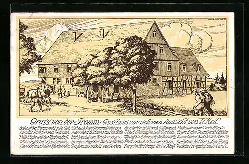 Künstler-AK Tromm /Odenw., Gasthaus zur schönen Aussicht, Gebäudeansicht