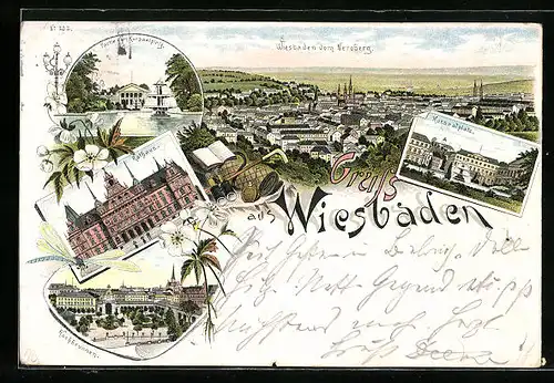 Lithographie Wiesbaden, Ortsansicht vom Neroberg, Rathaus, Kochbrunnen