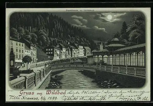 Mondschein-Lithographie Wildbad, Partie in der Olgastrasse mit Brücke und Trinkhalle