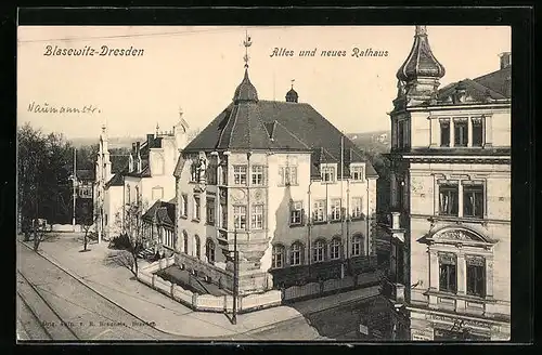 AK Dresden-Blasewitz, Altes und Neues Rathaus mit Strasse aus der Vogelschau