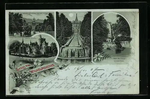 Mondschein-Lithographie Wilhelmshöhe, Löwenburg, Die Cascaden, Der Aquädukt-Wasserfall