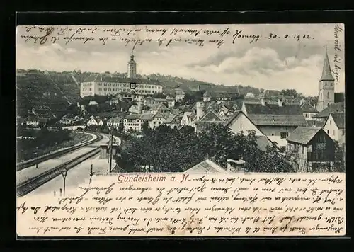 AK Gundelsheim a. N., Teilansicht mit Bahngleis