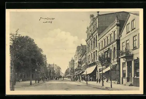 AK Neumünster, Strasse Kuhberg mit Geschäften