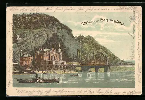 Lithographie Porta Westfalica, Uferpartie mit Brücke und Dampfer Bremen