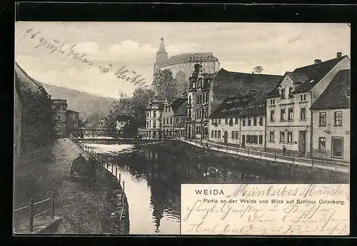 AK Weida, Partie an der Weida und Blick auf Schloss Osterburg