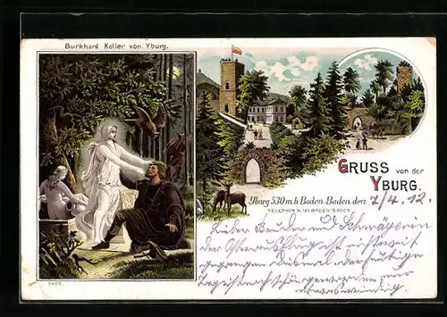 Lithographie Baden-Baden, Yburg mit Burkhard Keller von Yburg