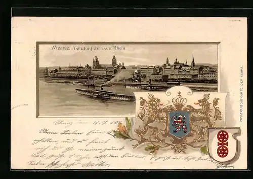 Passepartout-Lithographie Mainz, Totalansicht mit Rheindampfern, Wappen