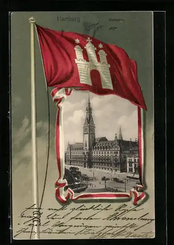 AK Hamburg, Rathaus und Fahne mit Stadtwappen