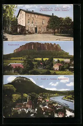 AK Pfaffendorf /Sächs. Schweiz, Gasthof, Pfaffenstein und Festung Königstein