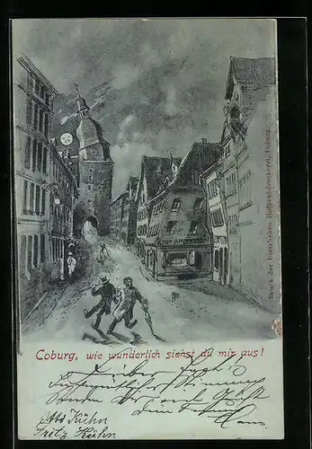 Lithographie Coburg, Strassenpartie aus Sicht eines Betrunkenen