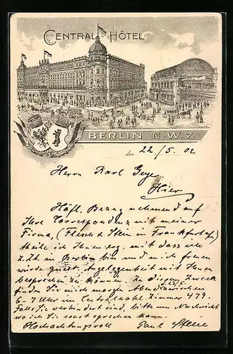 Lithographie Berlin, Central-Hôtel mit Strassenpartie