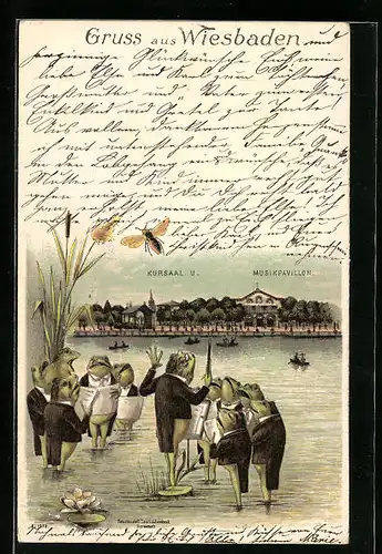 Lithographie Wiesbaden, Kursaal und Musikpavillon mit Froschchor