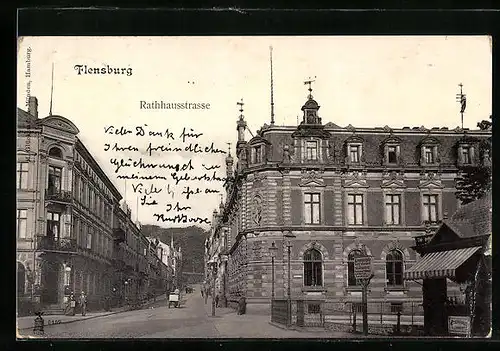 AK Flensburg, Rathhausstrasse mit Gasthof Krumbiegels