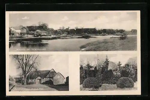 AK Nübbel b. Rendsburg, Panorama, Kriegerdenkmal