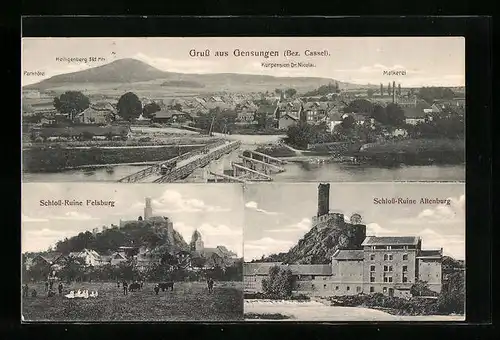 AK Gensungen, Panorama, Schloss-Ruine Felsburg und Altenburg