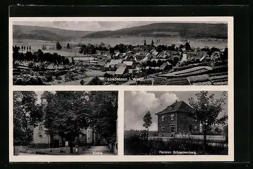 AK Willebadessen /Westf., Panorama, Kirche, Pension Schreckenberg