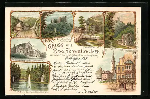 Lithographie Bad Schwalbach, Burg Gerolstein, Kurhaus, Riesenmühle