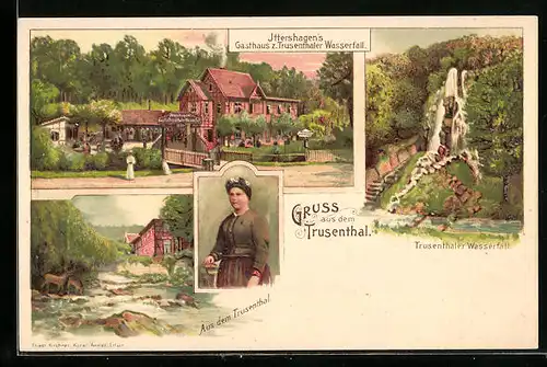 Lithographie Trusenthal, Gasthaus Zum Trusenthaler Wasserfall, Trusenthaler Wasserfall, Frau in Tracht