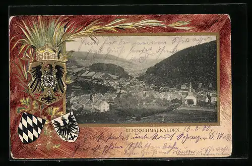 Passepartout-Lithographie Kleinschmalkalden, Ortsansicht aus der Vogelschau mit Wappen