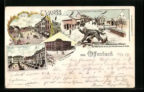 Lithographie Offenbach, Frankfurterstrasse im Jahre 1836, Markt, Aliceplatz