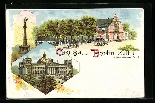 Lithographie Berlin, Gasthaus, Zelt 1, Kronprinzen Zelt, Siegessäule